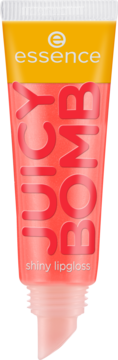 Błyszczyk Essence Juicy Bomb shiny lipgloss w różowej tubce, pomarańczowy top, czerwone napisy. Ujęcie z przodu.