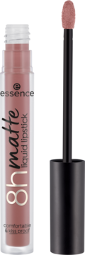 Matowa pomadka Essence 8h Matte Silky Hazelnut, jasnobrązowo-różowa, z wyciągniętym aplikatorem.