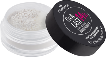 Essence Fix & Last 14h, biały transparentny puder sypki w otwartym słoiczku z czarną nakrętką obok.