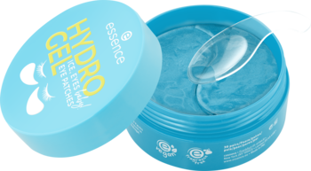 Essence Hydro Gel płatki pod oczy, otwarte jasnoniebieskie opakowanie z żelowymi plastrami i aplikatorem.
