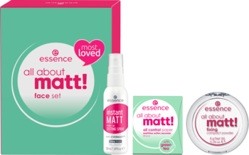 ESSENCE All About Matt! ,zestaw kosmetyków bibułki matujące + puder transparentny + mgiełka utrwalająca makijaż,kompozycja-2
