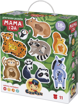 Kolorowe pudełko puzzli CzuCzu Mama i Ja, 11 układanek zwierząt i ich dzieci, widok z przodu.