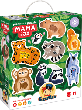 Kolorowe pudełko puzzli CzuCzu 'Mama i ja' ze zwierzętami i ich maluchami, widok z przodu, dla dzieci 18m+.