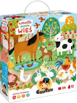 Czuczu Wesołe puzzle Wieś, pudełko z barwną ilustracją zwierząt z farmy (koń, krowa), dla dzieci 2+, widok z przodu.