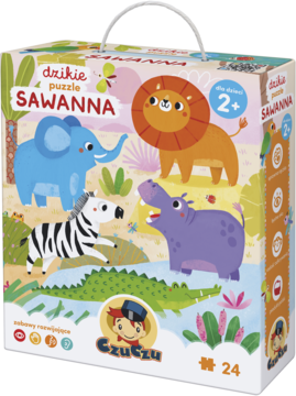 Dzikie puzzle CzuCzu Sawanna w kartonowym pudełku z rączką, ilustracje słonia, lwa, zebry, 24 elementy.