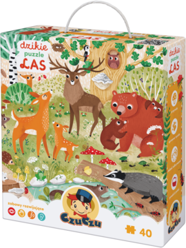 Pudełko puzzli edukacyjnych CzuCzu Dzikie Puzzle Las 40 elementów, z kolorowym obrazem leśnych zwierząt, widok z przodu.