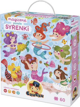 Magiczne puzzle CzuCzu Syrenki, pudełko z wizerunkiem morskich stworzeń, 60 elementów, widok z przodu.