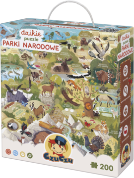 CzuCzu Dzikie puzzle Parki Narodowe, 200 el. Widok kartonowego pudełka z uchwytem, pełnego zwierząt i roślin.