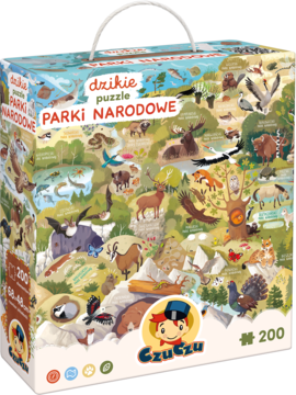CzuCzu Dzikie puzzle Parki Narodowe 200 el. Widok frontu pudełka z bogatą ilustracją fauny i flory.
