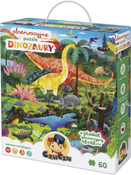 Pudełko puzzli Obserwacyjne CzuCzu Dinozaury, 60 el., z barwną ilustracją prehistorycznego świata, widok z przodu.