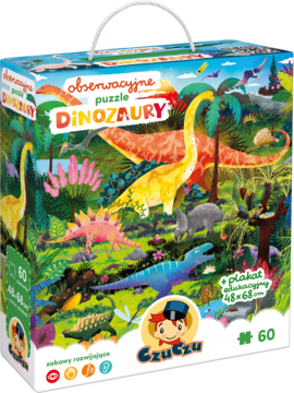 CzuCzu Obserwacyjne puzzle Dinozaury 60 elementów, kolorowe pudełko z dużą grafiką dinozaurów, widok przodem.