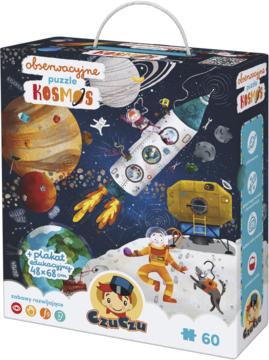 Pudełko puzzli CzuCzu Kosmos, 60 el., z ilustracją planet i rakiety, widok z przodu, biała rączka.