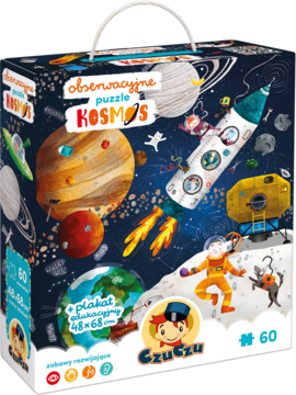 Kolorowe pudełko puzzli CzuCzu Kosmos 60 el. z rakietą, planetami i astronautą, widok z przodu.