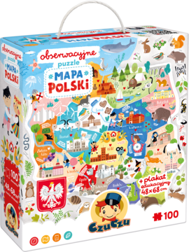 Pudełko puzzli CzuCzu Mapa Polski, 100 el., z uchwytem, kolorowa ilustracja mapy z detalami natury, przód.