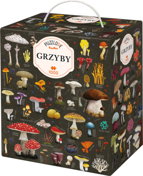 Puzzlove puzzle Grzyby 1000 elementów. Czarne pudełko z rączką, widok z przodu, mnóstwo barwnych grzybów.
