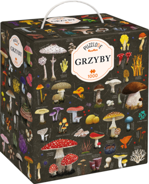Puzzlove puzzle Grzyby CzuCzu, pudełko 1000 elementów z barwnymi ilustracjami grzybów, widok z przodu i boku.