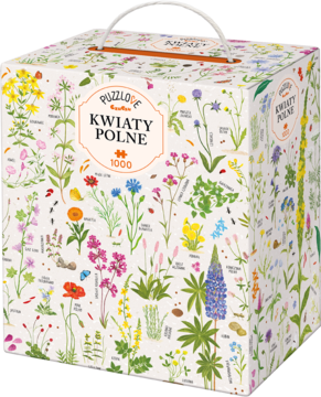 Białe pudełko puzzli Puzzlove Kwiaty Polne z uchwytem, pełne ilustracji różnobarwnych kwiatów polnych, widok z przodu pod kątem.