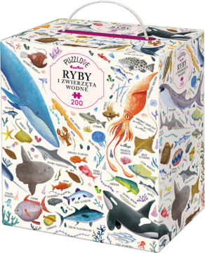 Białe pudełko puzzle Puzzlove Ryby i Zwierzęta Wodne CzuCzu, 200 elementów, z ilustracjami morskich stworzeń.