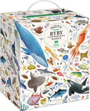Puzzlove Ryby i Zwierzęta Wodne CzuCzu, pudełko 500 el. z ilustracjami morskich zwierząt, widok z boku.