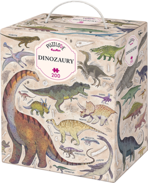 Kartonowe pudełko puzzli Puzzlove Dinozaury 200 el. CzuCzu, z ilustracjami gadów, widok ukośny z przodu.