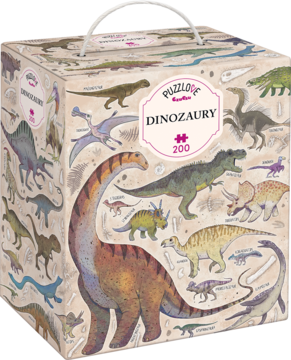 Pudełko puzzli Puzzlove Dinozaury CzuCzu 200 elementów, widok przód-bok, z dużą ilustracją brachiozaura i T-Rexa.