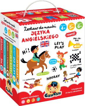 Zestaw do nauki angielskiego dla dzieci 4-6+, czerwono-białe pudełko z uchwytem i kreskówkowymi ilustracjami.
