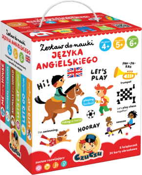 Zestaw do nauki angielskiego dla dzieci 4+, 5+, 6+ w czerwonym pudełku z książeczkami i ilustracjami.