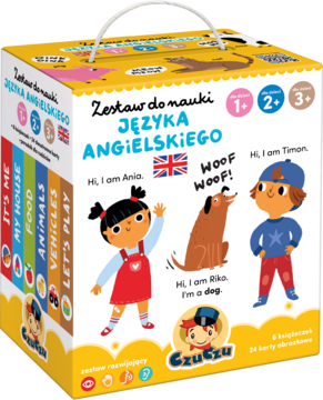 Pudełko zestawu Czuczu do nauki angielskiego 1-3+ z uchwytem, grafiką dzieci, psa i napisem 'WOOF WOOF!'.