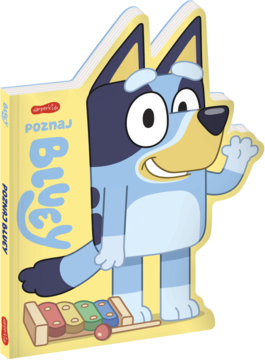 Książeczka Poznaj Bluey! w kształcie psa, z niebieską postacią Bluey machającą, na żółtym tle z tekstem i ksylofonem.