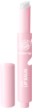Różowy balsam do ust FaceBoom Shimmer Kiss z otwartym białym sztyftem, widoczne połyskujące drobinki.
