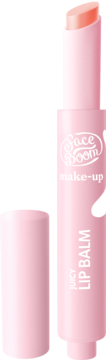 Różowy balsam do ust Face Boom Juicy Lip Balm z wysuniętym sztyftem i nakrętką obok, widok z przodu.