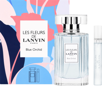 Zestaw Lanvin Blue Orchid: flakon EDT 50ml i miniatura 7,5ml, z ozdobnym, kwiatowym pudełkiem. Widok z przodu.