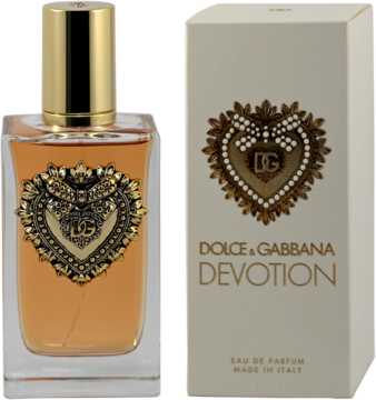 Dolce & Gabbana Devotion, butelka z bogato zdobionym złotym sercem DG, obok beżowe pudełko. Słodka woda perfumowana.