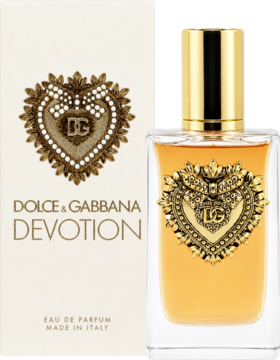Woda perfumowana Dolce & Gabbana Devotion. Przezroczysty flakon ze złotym sercem DG i kremowe pudełko. Waniliowy zapach.