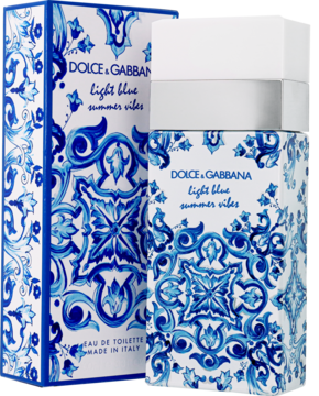 Dolce&Gabbana Light Blue Summer Vibes woda toaletowa, butelka i pudełko zdobione biało-niebieskim wzorem majoliki.