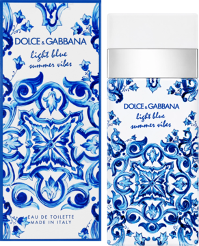 Dolce&Gabbana Light Blue Summer Vibes EDT, pudełko i butelka z przodu, w niebiesko-białym wzorze majoliki.