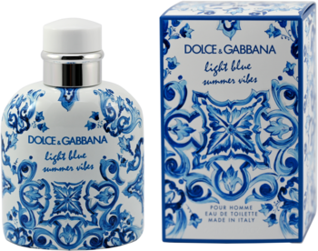 Flakon Dolce & Gabbana Light Blue Summer Vibes i pudełko z biało-niebieskim wzorem ceramicznym. Woda toaletowa.