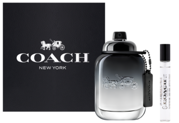 Zestaw Coach for Men woda toaletowa 60ml i 7.5ml. Czarne pudełko, butelka z gradientem, mały flakonik. Ujęcie z przodu.