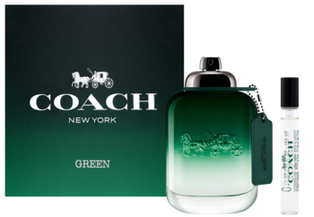 Zestaw Coach Green woda toaletowa 100ml i 7,5ml: zielone pudełko i butelka z gradientem, świeże nuty.