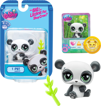 Littlest Pet Shop: figurka biało-czarnej pandy, zielony bambus, karta kolekcjonerska i opakowanie.