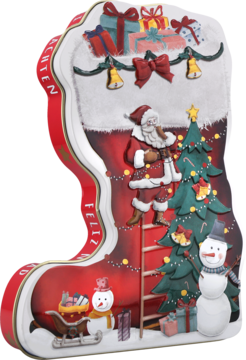 Czekoladowe praliny w ozdobnej, czerwonej puszce w kształcie skarpety, z Mikołajem na choince i bałwankami.