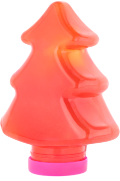 Czerwone, błyszczące plastikowe opakowanie Lovin slime choinka, butelka w kształcie drzewka z różową podstawą, widok z przodu.