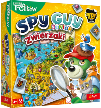 Gra planszowa Spy Guy Junior Zwierzaki, front pudełka. Zielony miś z lupą bada mapę pełną kolorowych zwierząt.