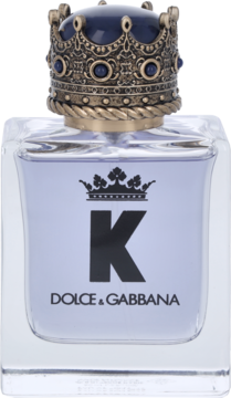 K by Dolce & Gabbana woda toaletowa, szklana butelka z fioletowym płynem, ozdobny korek korona z detalami.