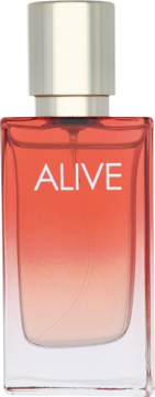 Woda perfumowana Hugo Boss Alive Intense w prostokątnym flakonie ombre z napisem ALIVE i złotą nakrętką.