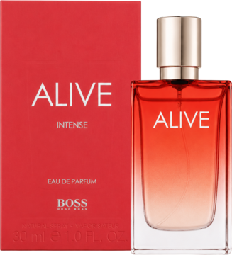 Hugo Boss Alive Intense EDP 30ml, gradientowy flakon z czerwono-złotą nakrętką i czerwone pudełko, przód.