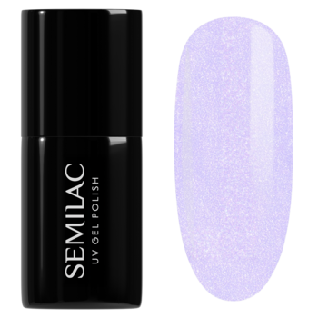 Semilac 499 Violet Vibes – czarna butelka i brokatowy, półtransparentny fioletowy lakier na wzorniku.