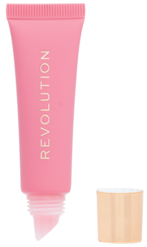 Peptydowy balsam Revolution Juice Peptide Pink Strawberry w otwartej, różowej tubce, obok odkręcona zakrętka.