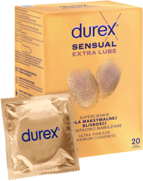 Złote pudełko prezerwatyw Durex Sensual Extra Lube 20 sztuk i pojedyncza ultra-cienka prezerwatywa.