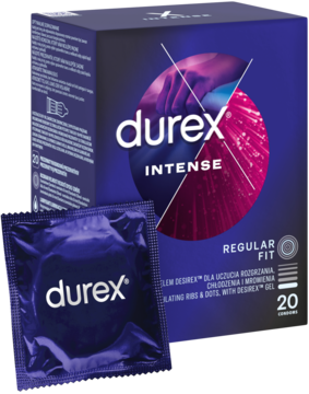 Fioletowe pudełko Durex Intense, 20 szt., prezerwatywy prążkowane z wypustkami i żelem, widoczne obok folii.